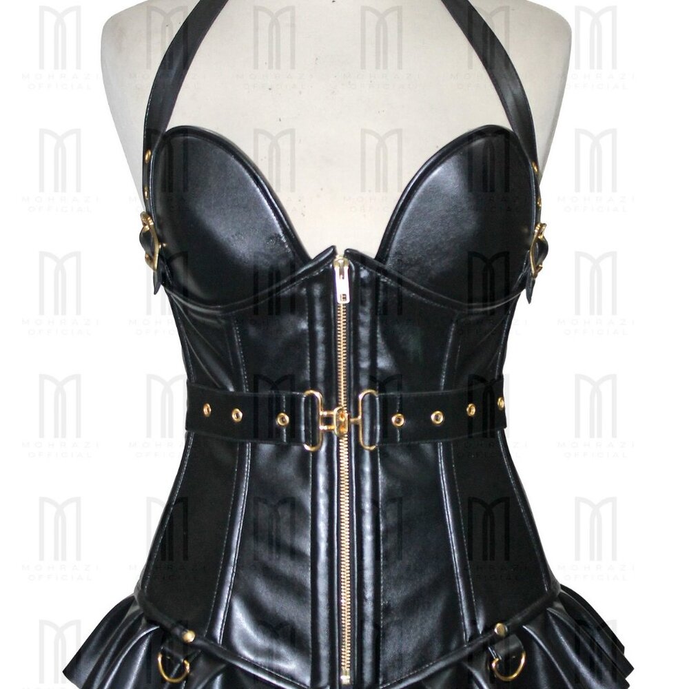 Fullbust Underwire Faux Leather Corset with Gold Hardware & Bustle